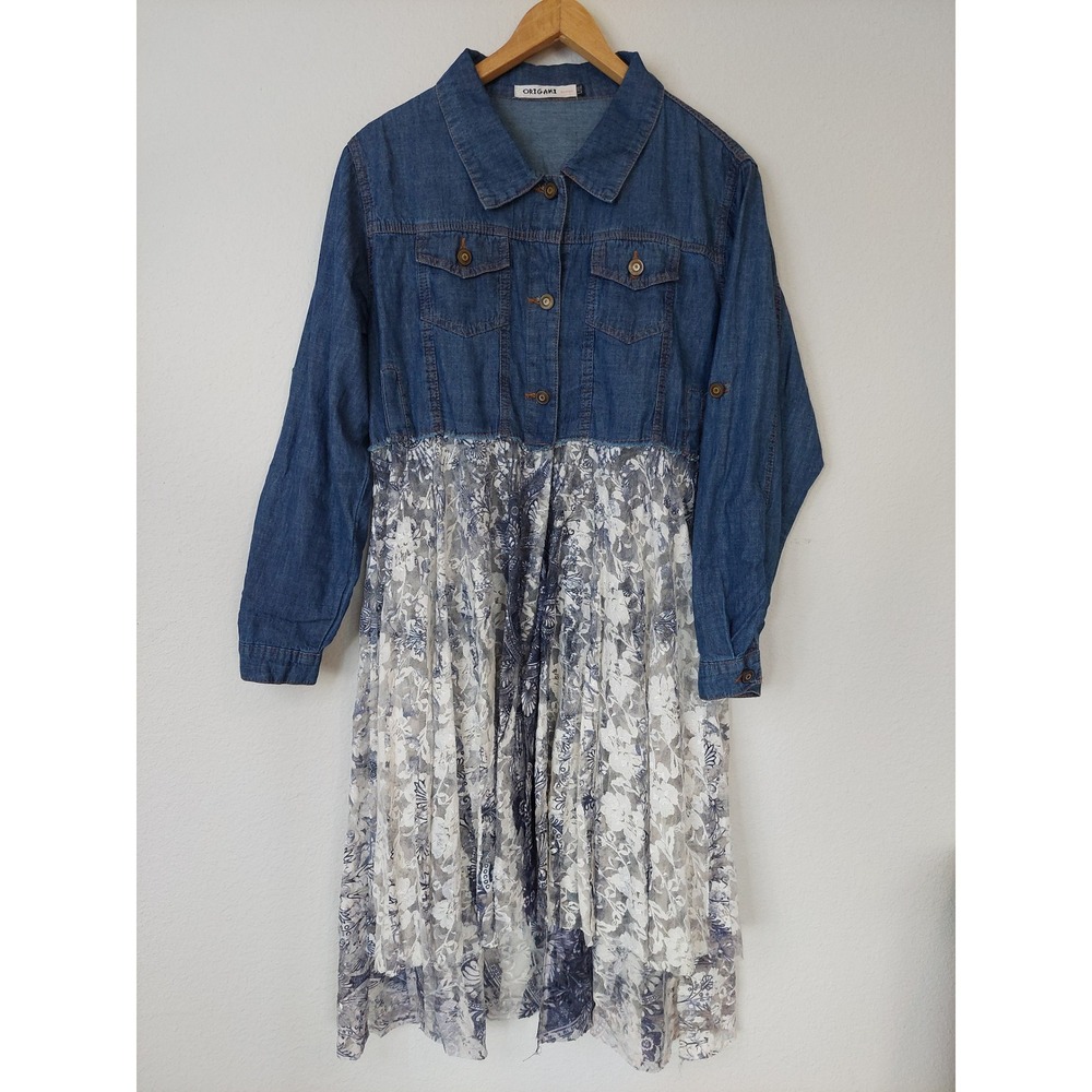 Origami by Vivien Chic Cropped Denim Lace Layer Jacket Size L/XL Boho - Picture 2 of 10